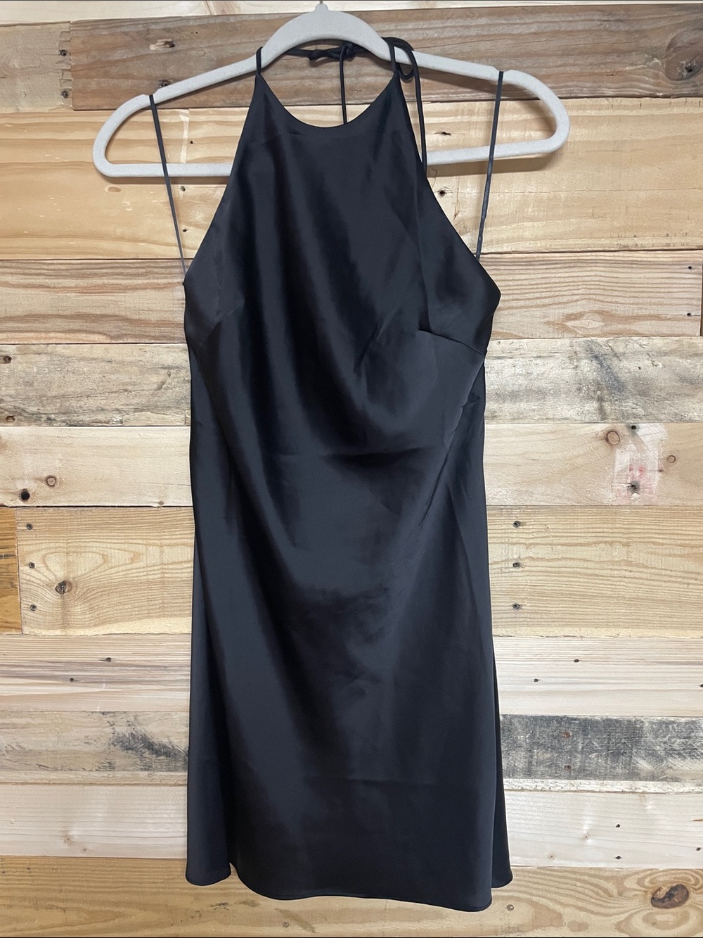 Urban Outfitters size S Elegant Black Buttery Satin Backless Halter Mini Dress